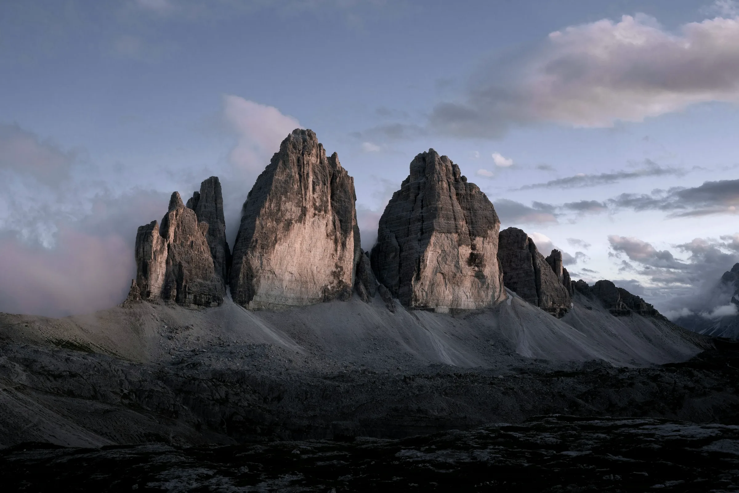 The Tre Cime di Lavaredo in the Dolomites at dusk